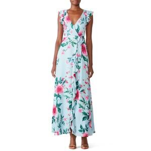 Fame and Partners The Nora Wrap Maxi Dress Women's 4 Blue Floral Flutter Sleeve